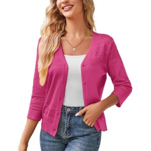 imageGRACE KARIN Womens 2025 Cropped Cardigan 34 Sleeve Lightweight Crochet Shrug HollowedOut Knit Sweater TopsRose Red
