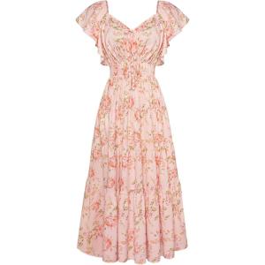 imageGRACE KARIN Womens 2025 Floral Summer VNeck Ruffle Sleeve Empire Waist ALine Casual Maxi Tiered Dress with PocketsPink