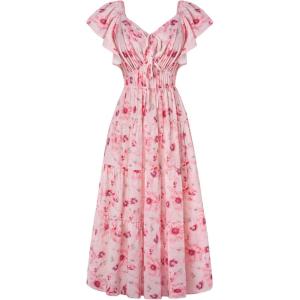 imageGRACE KARIN Womens 2025 Floral Summer VNeck Ruffle Sleeve Empire Waist ALine Casual Maxi Tiered Dress with PocketsPink Flower