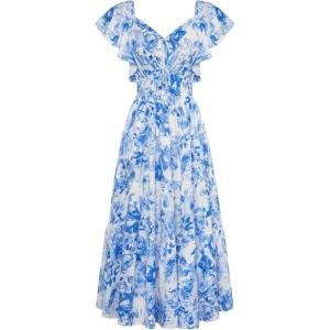 imageGRACE KARIN Womens 2025 Floral Summer VNeck Ruffle Sleeve Empire Waist ALine Casual Maxi Tiered Dress with PocketsWhite Blue Flower