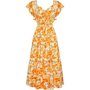 imageGRACE KARIN Womens 2025 Floral Summer VNeck Ruffle Sleeve Empire Waist ALine Casual Maxi Tiered Dress with PocketsYellow Green