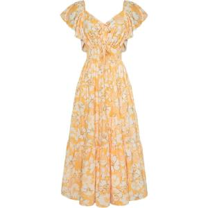 imageGRACE KARIN Womens 2025 Floral Summer VNeck Ruffle Sleeve Empire Waist ALine Casual Maxi Tiered Dress with PocketsYellow White Flower