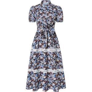 imageGRACE KARIN Womens 2025 Summer Floral Flowy Dresses Boho Tie Belt Short Puff Sleeve A Line Maxi Shirt Dress with PocketBlack Blue