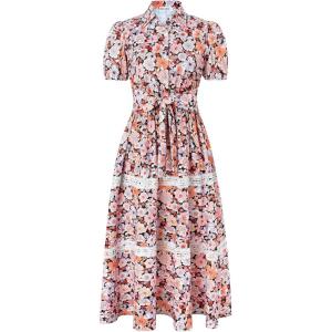 imageGRACE KARIN Womens 2025 Summer Floral Flowy Dresses Boho Tie Belt Short Puff Sleeve A Line Maxi Shirt Dress with PocketBlack Yellow