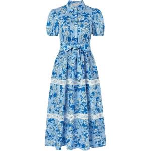 imageGRACE KARIN Womens 2025 Summer Floral Flowy Dresses Boho Tie Belt Short Puff Sleeve A Line Maxi Shirt Dress with PocketBlue Floral
