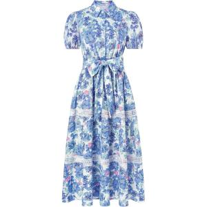 imageGRACE KARIN Womens 2025 Summer Floral Flowy Dresses Boho Tie Belt Short Puff Sleeve A Line Maxi Shirt Dress with PocketBlue Pink