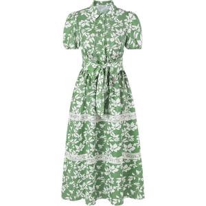 imageGRACE KARIN Womens 2025 Summer Floral Flowy Dresses Boho Tie Belt Short Puff Sleeve A Line Maxi Shirt Dress with PocketGreen White Leaf