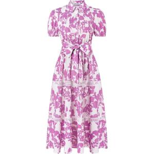 imageGRACE KARIN Womens 2025 Summer Floral Flowy Dresses Boho Tie Belt Short Puff Sleeve A Line Maxi Shirt Dress with PocketWhite Purple