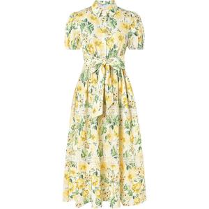 imageGRACE KARIN Womens 2025 Summer Floral Flowy Dresses Boho Tie Belt Short Puff Sleeve A Line Maxi Shirt Dress with PocketYellow Green
