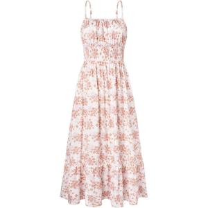 imageGRACE KARIN Womens 2025 Summer Maxi Dress Sleeveless Floral Spaghetti Strap Smocked Boho Beach Long Dress with PocketsBeige Floral