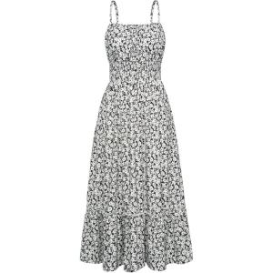 imageGRACE KARIN Womens 2025 Summer Maxi Dress Sleeveless Floral Spaghetti Strap Smocked Boho Beach Long Dress with PocketsBlack White Foral