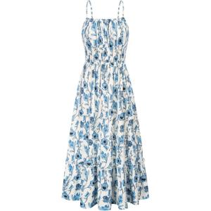 imageGRACE KARIN Womens 2025 Summer Maxi Dress Sleeveless Floral Spaghetti Strap Smocked Boho Beach Long Dress with PocketsBlue Floral