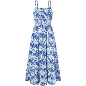 imageGRACE KARIN Womens 2025 Summer Maxi Dress Sleeveless Floral Spaghetti Strap Smocked Boho Beach Long Dress with PocketsBlue Leaves