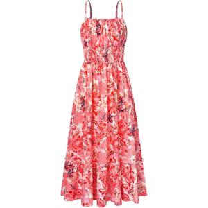 imageGRACE KARIN Womens 2025 Summer Maxi Dress Sleeveless Floral Spaghetti Strap Smocked Boho Beach Long Dress with PocketsPink Orange