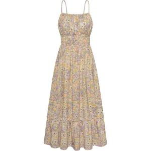 imageGRACE KARIN Womens 2025 Summer Maxi Dress Sleeveless Floral Spaghetti Strap Smocked Boho Beach Long Dress with PocketsPurple Green Floral