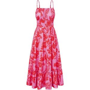 imageGRACE KARIN Womens 2025 Summer Maxi Dress Sleeveless Floral Spaghetti Strap Smocked Boho Beach Long Dress with PocketsPurple Red Floral