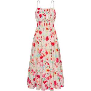 imageGRACE KARIN Womens 2025 Summer Maxi Dress Sleeveless Floral Spaghetti Strap Smocked Boho Beach Long Dress with PocketsRed White Floral