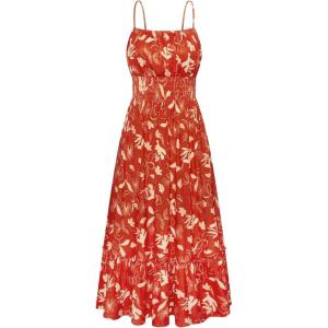 imageGRACE KARIN Womens 2025 Summer Maxi Dress Sleeveless Floral Spaghetti Strap Smocked Boho Beach Long Dress with PocketsRed Yellow Floral