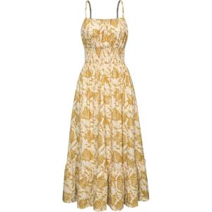 imageGRACE KARIN Womens 2025 Summer Maxi Dress Sleeveless Floral Spaghetti Strap Smocked Boho Beach Long Dress with PocketsYellow Leaves