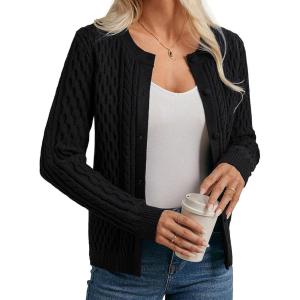 imageGRACE KARIN Womens Cable Knit Cardigan Button Up Sweater Soft Open Front Cardigans Crewneck Long Sleeve OutwearBlack