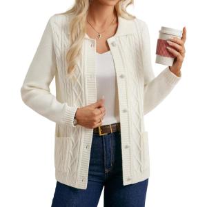 imageGRACE KARIN Womens Fall Long Sleeve Cable Knit Sweater Blazer Button Up Warm Chunky Cardigan Sweaters for Women TrendyIvory White