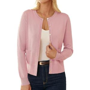 imageGRACE KARIN Womens Lightweight Cardigan Crew Neck Button Up Sweaters Long Sleeve Knit Cardigans with PocketsPink