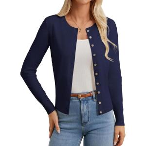 imageGRACE KARIN Womens Lightweight Fall Cardigan Long Sleeve Knit Crop Sweater TrendyButton Open Front Crewneck JacketNavy Blue