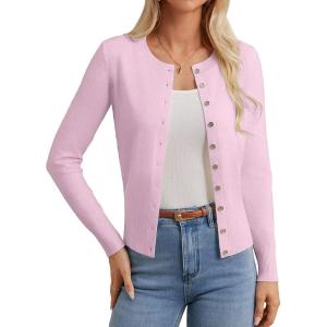 imageGRACE KARIN Womens Lightweight Fall Cardigan Long Sleeve Knit Crop Sweater TrendyButton Open Front Crewneck JacketPink