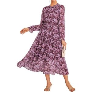 imageGRACE KARIN Womens Long Sleeve Maxi Dress Fall 2025 Chiffon Flowy Wedding Guest Dresses Floral Tiered Dress with PocketsPurple Floral