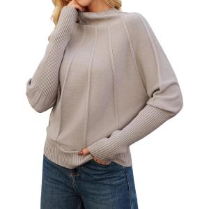 imageGRACE KARIN Womens Mock Neck Batwing Sleeve Sweater Loose Knitted Pullover Sweaters Ribbed Sweater TopsApricot
