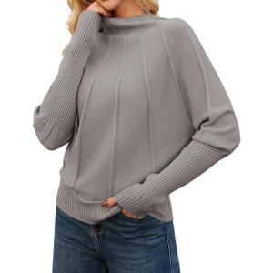 imageGRACE KARIN Womens Mock Neck Batwing Sleeve Sweater Loose Knitted Pullover Sweaters Ribbed Sweater TopsKhaki