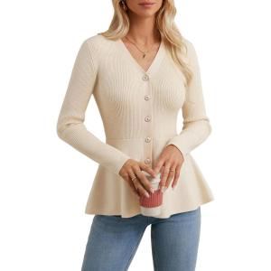 imageGRACE KARIN Womens Peplum Cardigan Wool Blend Button Up Sweaters Long Sleeve Business Casual Ribbed Knit BlazersBeige