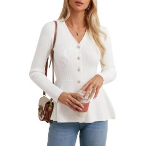 imageGRACE KARIN Womens Peplum Cardigan Wool Blend Button Up Sweaters Long Sleeve Business Casual Ribbed Knit BlazersIvory White