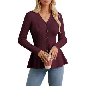 imageGRACE KARIN Womens Peplum Cardigan Wool Blend Button Up Sweaters Long Sleeve Business Casual Ribbed Knit BlazersWine Red