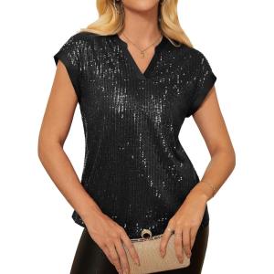 imageGRACE KARIN Womens Sequin Tops 2025 Cap Sleeve Sparkly Tops Glitter Party Dressy Blouses Fall V Neck Club Concert ShirtsBlack
