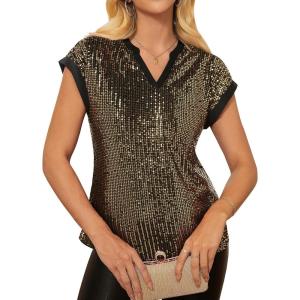 imageGRACE KARIN Womens Sequin Tops 2025 Cap Sleeve Sparkly Tops Glitter Party Dressy Blouses Fall V Neck Club Concert ShirtsBlack Gold