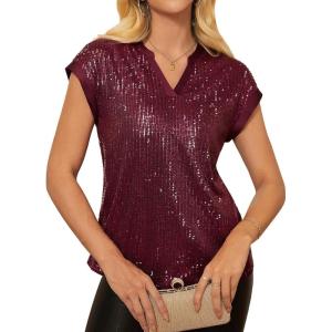 imageGRACE KARIN Womens Sequin Tops 2025 Cap Sleeve Sparkly Tops Glitter Party Dressy Blouses Fall V Neck Club Concert ShirtsBurgundy