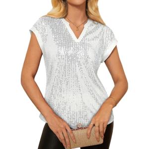 imageGRACE KARIN Womens Sequin Tops 2025 Cap Sleeve Sparkly Tops Glitter Party Dressy Blouses Fall V Neck Club Concert ShirtsSilver
