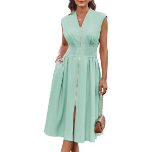 imageGRACE KARIN Womens Summer Casual Dress V Neck Cap Sleeve Zipper Front Flowy Midi Dress with PocketsSage Green