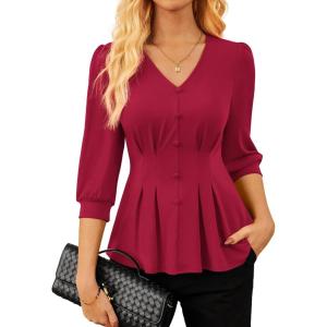 imageGRACE KARIN Womens Tops Fall Dressy Casual Blouse V Neck 34 Sleeve Peplum Business Shirts 2025 Fashion ClothingBurgundy