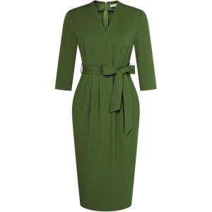 imageGRACE KARIN Womens Work Dresses V Neck 34 Sleeve Back Zipper Tie Waist Bodycon Dress Office Cocktail Dress with PocketsArmy Green