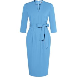 imageGRACE KARIN Womens Work Dresses V Neck 34 Sleeve Back Zipper Tie Waist Bodycon Dress Office Cocktail Dress with PocketsLight Blue