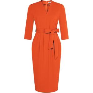 imageGRACE KARIN Womens Work Dresses V Neck 34 Sleeve Back Zipper Tie Waist Bodycon Dress Office Cocktail Dress with PocketsOrange