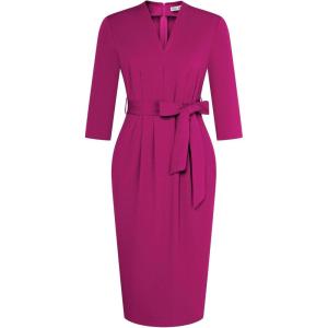 imageGRACE KARIN Womens Work Dresses V Neck 34 Sleeve Back Zipper Tie Waist Bodycon Dress Office Cocktail Dress with PocketsPurplish Red