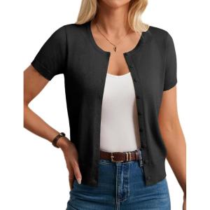 imageWomens Short Sleeve Cardigan Crew Neck Basic Casual Button Down Knit Soft SweaterBlack