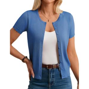imageWomens Short Sleeve Cardigan Crew Neck Basic Casual Button Down Knit Soft SweaterBlue