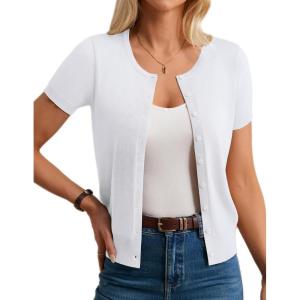 imageWomens Short Sleeve Cardigan Crew Neck Basic Casual Button Down Knit Soft SweaterBright White