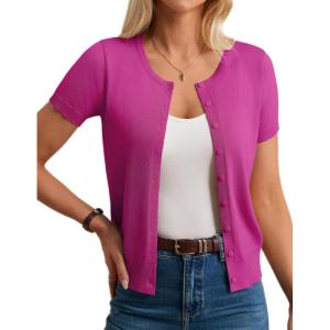 imageWomens Short Sleeve Cardigan Crew Neck Basic Casual Button Down Knit Soft SweaterHot Pink