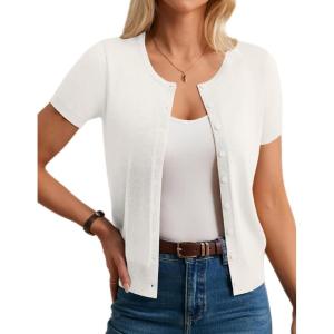 imageWomens Short Sleeve Cardigan Crew Neck Basic Casual Button Down Knit Soft SweaterIvory