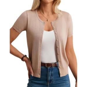 imageWomens Short Sleeve Cardigan Crew Neck Basic Casual Button Down Knit Soft SweaterKhaki